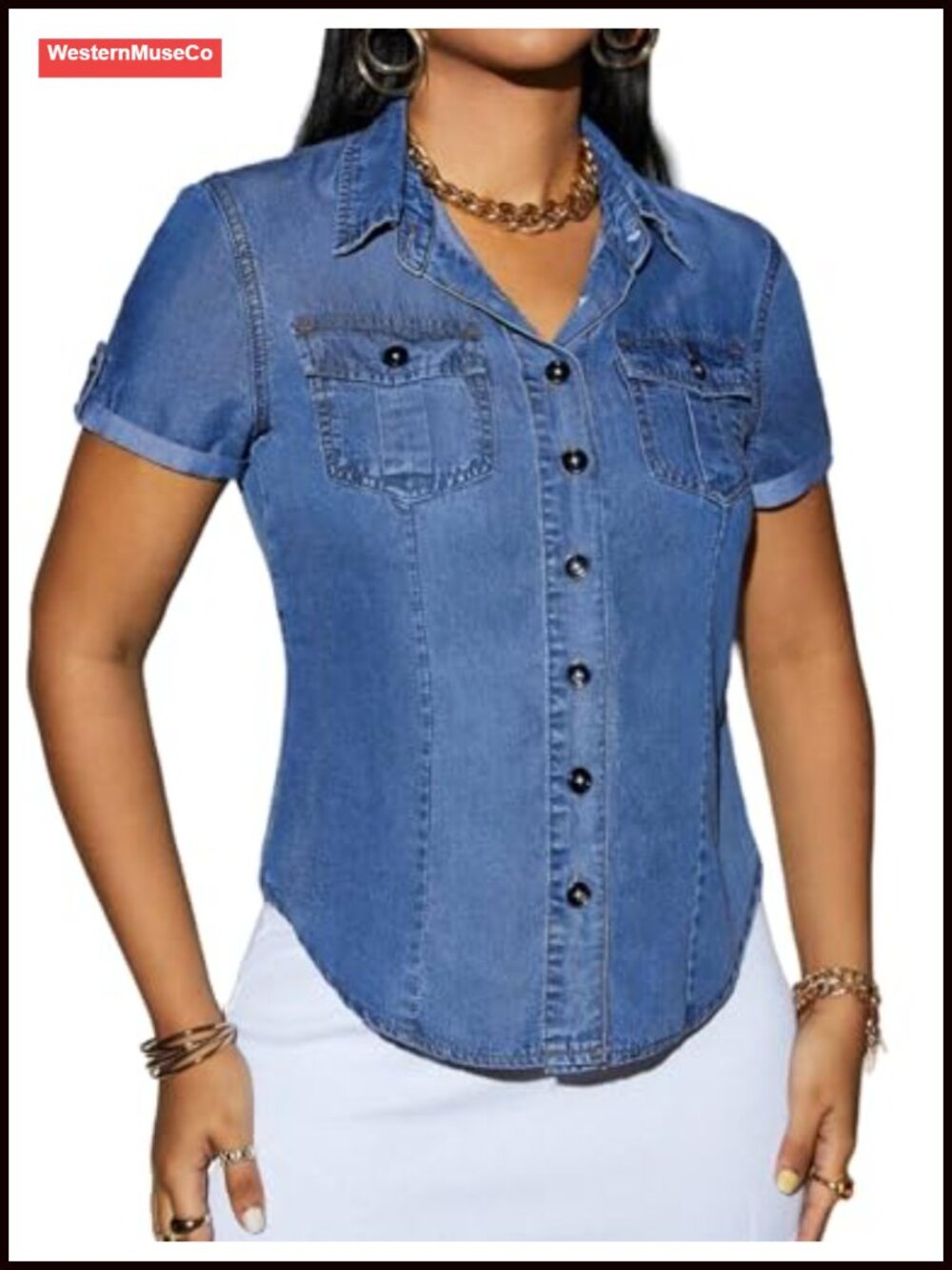 Denim Shirt Short Sleeve Button Down Flap Pocket Casual